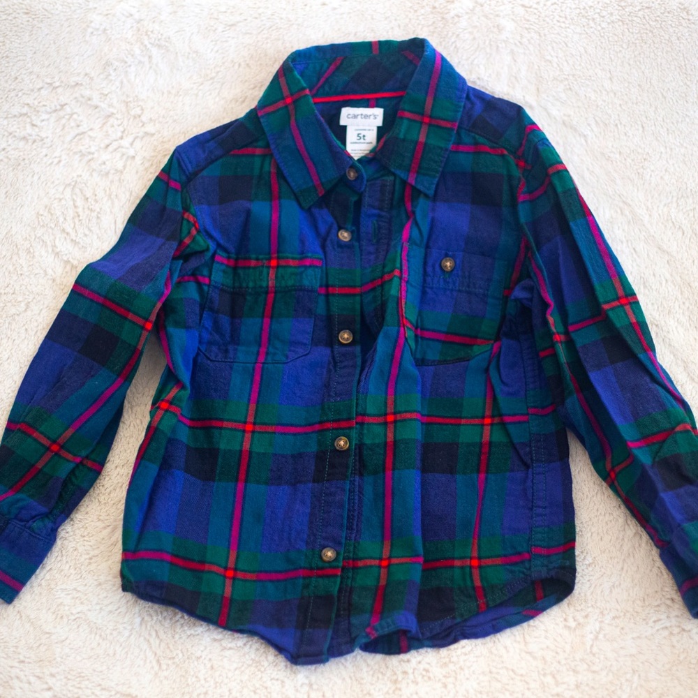 Boys blue/green/red plaid flannel button-up